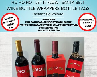 Printable HO HO HO Let it Flow Holiday Wine Wrapper, Christmas Wine Wrapper, Wine Label, Bottle Hang Tag, Christmas Gift Tag, Santa Tag