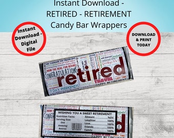 Printable RETIRED Candy Bar Wrappers-Gift Ideas-Party Favors-Chocolate Bar Wrapper-RETIREMENT gifts, party, congrats retiree