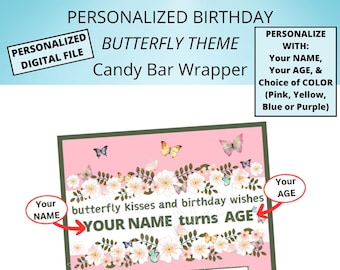 PERSONALIZED BIRTHDAY Candy Bar Wrapper-Printable Personalized File-Customize with Name, Age, & Color-Digital Download-Party Favors