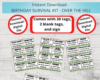 OVER the HILL BIRTHDAY Survival Kit, Over the Hill Birthday Care Package, Gift Tags, Birthday Gift Ideas, Gift Basket -Printable Instant