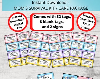 Kit de supervivencia para MOMS, paquete de cuidado para MOMS, etiquetas de regalo, ideas de regalos de cumpleaños, cesta de regalo imprimible para nuevas MAMÁS instantáneas