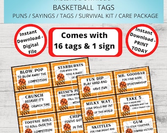 Kit de supervivencia de BALONCESTO, Paquete de cuidados de BALONCESTO, Etiquetas de regalo, Ideas de regalos de BALONCESTO, Juego de palabras de caramelos de baloncesto instantáneo imprimible para cesta de regalo
