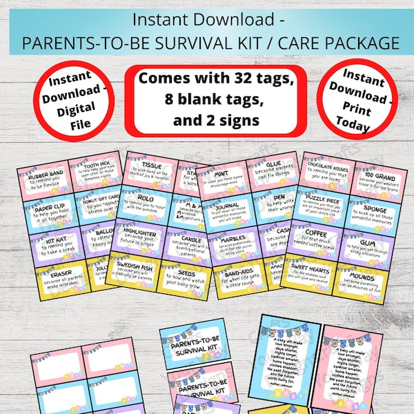 PARENTS-TO-BE Survival Kit, Parents-To-Be Care Package, Gift Tags, Birthday Gift Ideas, Gift Basket-Printable Instant new parents puns