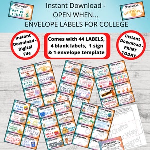 OFFEN WENN LABELS für College-Studenten. "Wenn Umschläge geöffnet." Beim Öffnen der Buchstaben College. College Care Paket. "Wenn Karten geöffnet sind""" Digitale Datei