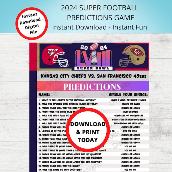 Printable FOOTBALL Party Game. Football Predictions Game. The Big Game Watch Party. Instant Download.