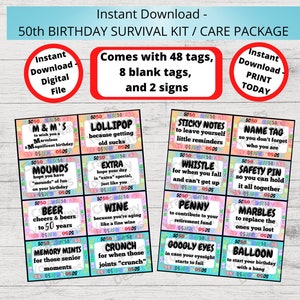 50.GEBURTSTAG-Survival-Kit, 50.Geburtstag-Care-Paket, Geschenkanhänger, Geschenkideen zum Geburtstag, Geschenkkorb-Printable Instant 50 Geburtstag
