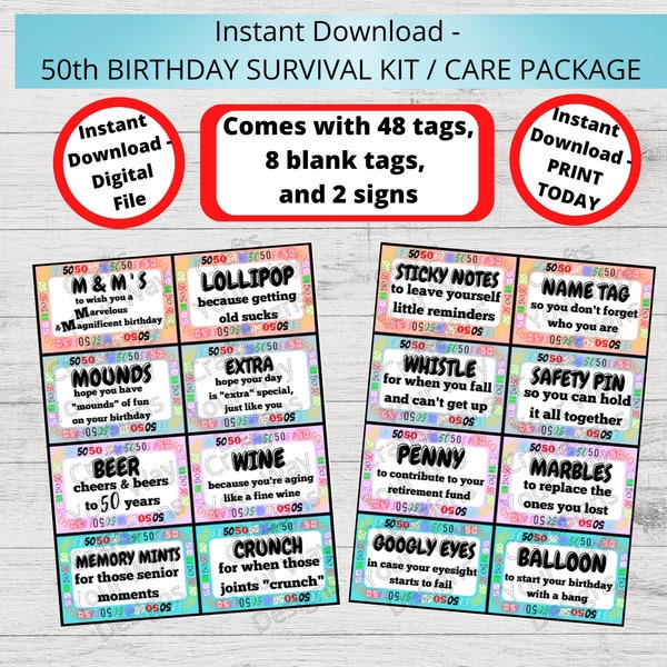 50th BIRTHDAY Survival Kit, 50th Birthday Care Package, Gift Tags, Birthday Gift Ideas, Gift Basket-Printable Instant 50 birthday