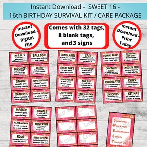 SWEET 16 -16. GEBURTSTAG Survival Kit, 16. Geburtstag Care Paket, Geschenkanhänger, Geschenkideen Geburtstag, Geschenkkorb-Printable Instant 16 Geburtstag