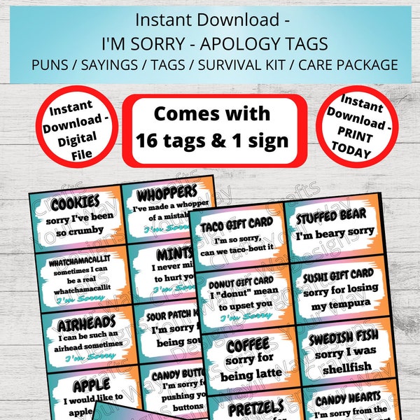 I'M SORRY Survival Kit, I'M SORRY Care Package, Gift Tags, I'M SORRY Gift Ideas, Gift Basket-Printable Instant I'm Sorry Candy Puns Apology
