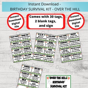 OVER the HILL BIRTHDAY Survival Kit, Over the Hill Verjaardagszorgpakket, Cadeaulabels, Verjaardagscadeau-ideeën, Cadeaumand - Afdrukbaar Instant