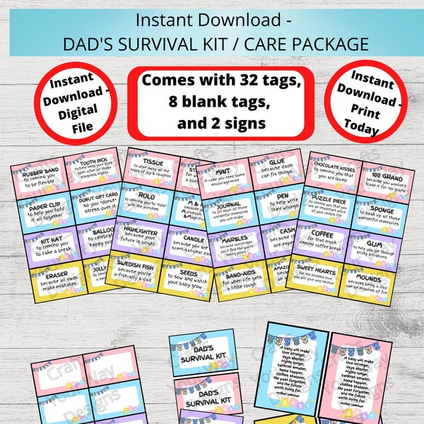 DAD'S Survival Kit, DADS Care Package, Gift Tags, Birthday Gift Ideas, Gift Basket-Printable Instant new DADS