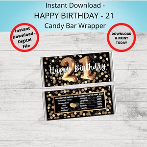 Pode incluir: Embrulho de barra de chocolate preto e dourado com o texto "Happy Birthday 21" e confete dourado. O embrulho também inclui um rótulo de informações nutricionais com o texto "Obrigado por tornar esta celebração a melhor!"