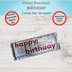 Printable BIRTHDAY Candy Bar Wrappers-Gift Ideas-Party Favors-Chocolate Bar Wrapper-BIRTHDAY gifts, party, happy BIRTHDAY