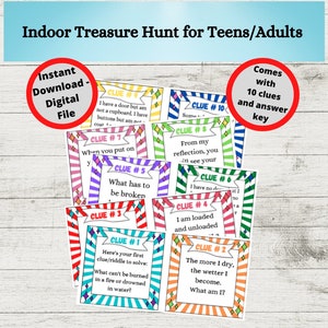 Pistas imprimibles para interiores, Adivinanzas, Búsqueda del tesoro, Búsqueda del tesoro para adolescentes y adultos: Forma divertida de encontrar regalos, cestas, premios, tesoros, Cumpleaños