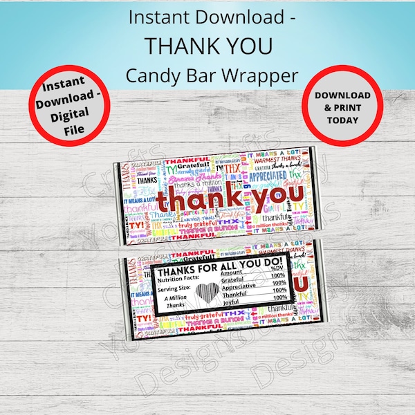 Printable THANK YOU Candy Bar Wrappers-Gift Ideas-Party Favors-Chocolate Bar Wrapper-THANK you gifts, party, Thanks, Thank you, Appreciation