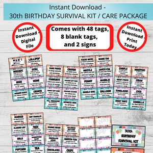 30.GEBURTSTAG-Survival-Kit, 30.Geburtstag-Care-Paket, Geschenkanhänger, Geschenkideen zum Geburtstag, Geschenkkorb-Printable Instant 30 Geburtstag
