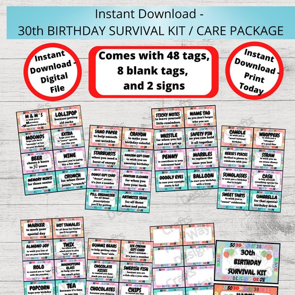 30th BIRTHDAY Survival Kit, 30th Birthday Care Package, Gift Tags, Birthday Gift Ideas, Gift Basket-Printable Instant 30 birthday