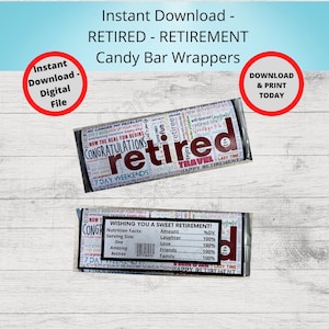 Afdrukbare GEPENSIONEERDE Candy Bar Wrappers-cadeau-ideeën-Party Favors-Chocolade Bar Wrapper-Pensioen geschenken, feest, gefeliciteerd gepensioneerde