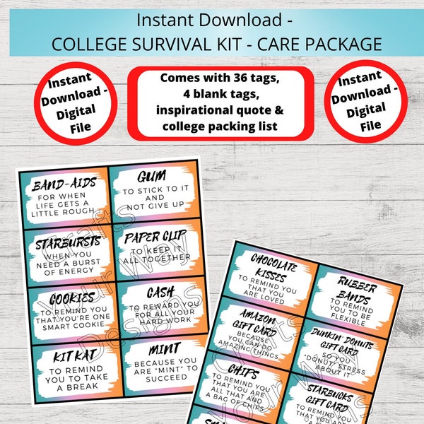 Instant Download Printables- College Survival Kit, College Care Package, College Student Gift Tags, College Gift Ideas, Gift Basket