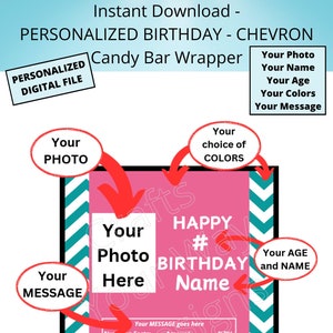 PERSONALIZED PHOTO BIRTHDAY Candy Bar Wrapper-Printable Personalized File-Customize with Photo, Name, Age, Message & Colors-Digital Download