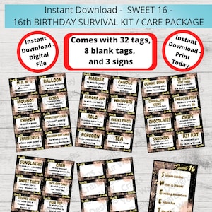 SWEET 16 -16. GEBURTSTAG Survival Kit, 16. Geburtstag Care Paket, Geschenkanhänger, Geschenkideen Geburtstag, Geschenkkorb-Printable Instant 16 Geburtstag