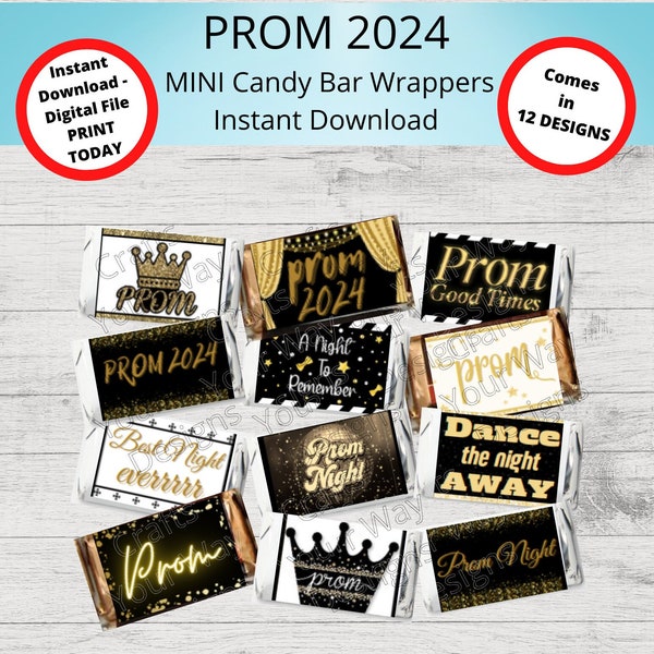 PRINTABLE PROM 2024 MINI Candy Bar Wrappers-12 Designs-Prom Party Favors-Party Decor-Candy Buffet-Prom Labels-Prom Wrappers-Dance