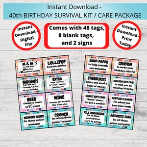 40th BIRTHDAY Survival Kit, 40th Birthday Care Package, Gift Tags, Birthday Gift Ideas, Gift Basket-Printable Instant 40 birthday image 1