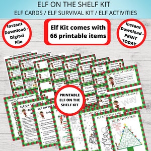 May include: A printable Elf on the Shelf kit with 66 printable items. The kit includes elf cards, elf survival kit, elf activities, elf jokes, blank printable cards, and notes to Santa. The kit is available for instant download and can be printed at home.