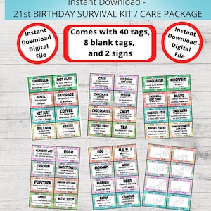 Sofortiger Download Printables- 21. GEBURTSTAG Survival Kit, Geburtstagspaket, Geschenkanhänger, Geburtstag Geschenkideen, Geschenkkorb