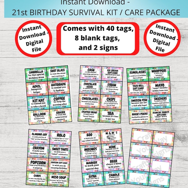 Instant Download Printables- 21st BIRTHDAY Survival Kit, Birthday Care Package, Birthday Gift Tags, Birthday Gift Ideas, Gift Basket