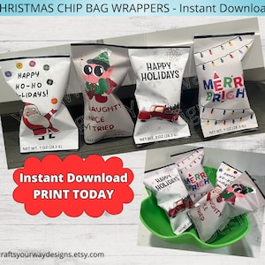 Printable CHRISTMAS CHIP BAG Wrappers. Instant Download. Holiday Chip Bag Wrappers. Party Favors. Santa Treat Bags. Snack Goodies. Labels.