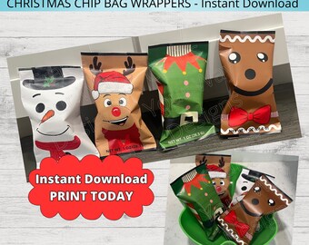 Printable CHRISTMAS CHIP BAG Wrappers. Instant Download. Holiday Chip Bag Wrappers. Party Favors. Santa Treat Bags. Snack Goodies. Labels.