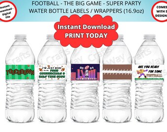 FOOTBALL Water Bottle Wrappers, Water Bottle Labels, Instant Digital Download, Printable Party Bottle Labels, The Big Game, Football Labels