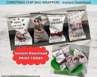 Printable CHRISTMAS CHIP BAG Wrappers. Instant Download. Holiday Chip Bag Wrappers. Party Favors. Santa Treat Bags. Snack Goodies. Labels.