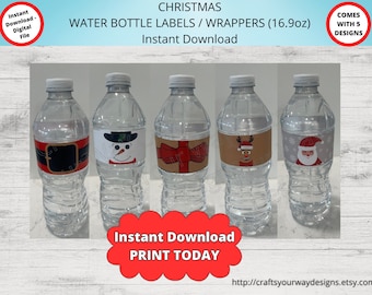 CHRISTMAS Water Bottle Wrappers, Water Bottle Labels, Instant Digital Download, Printable Party Bottle Labels, Santa, Snowman Holiday Labels