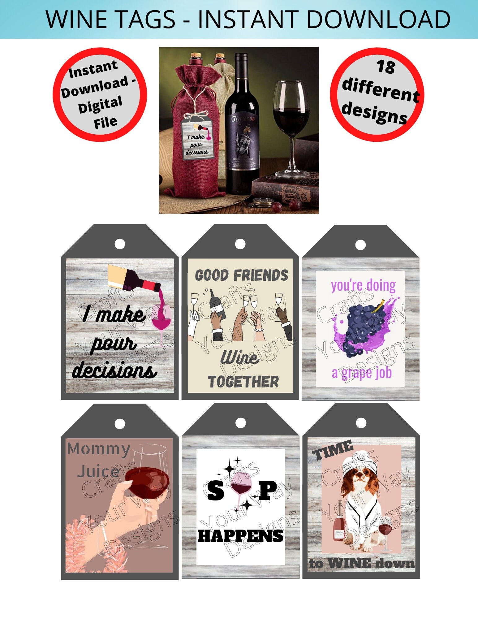 Printable WINE GIFT TAGS - 18 Different Designs Funny, Cute Wine ...