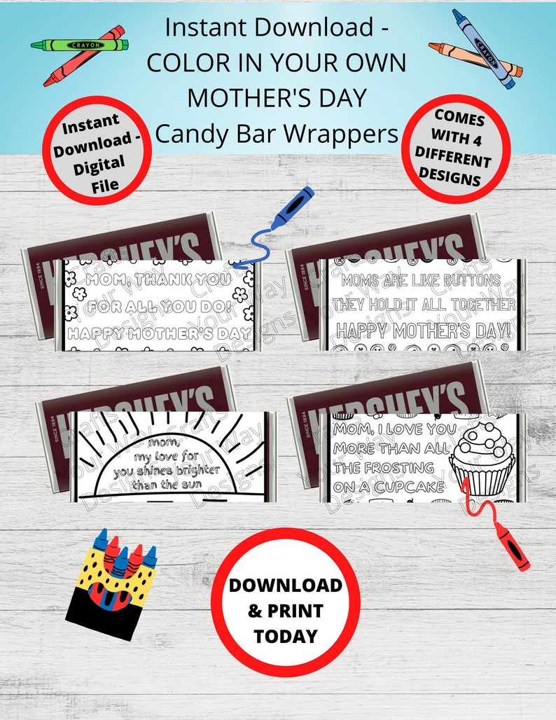 Printable COLORING MOTHER'S DAY Candy Bar Wrappers-gift Ideas-party ...
