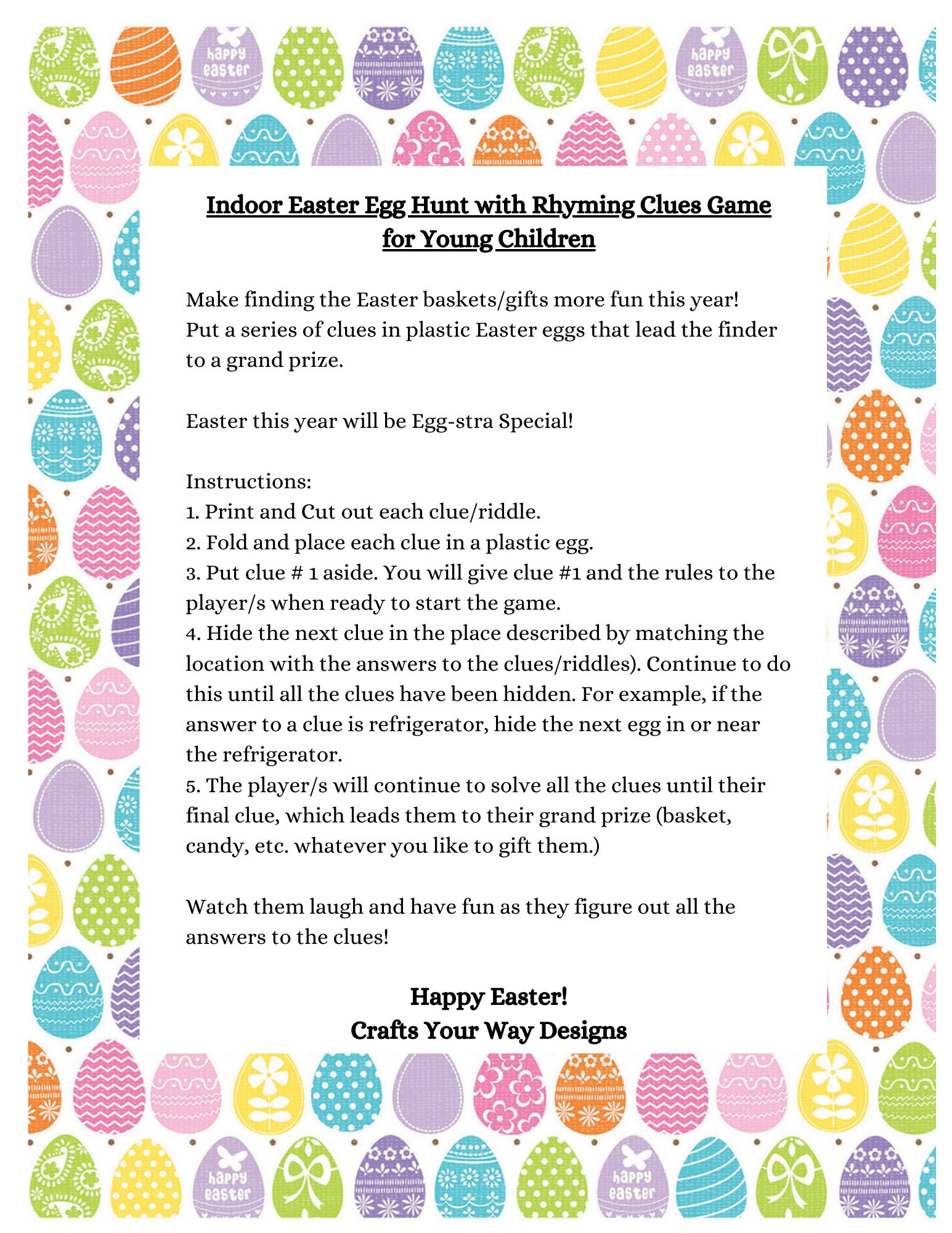 Easter Egg Clues Riddles Scavenger Hunt for Young Children Fun Way to Hide Easter Baskets, Gifts