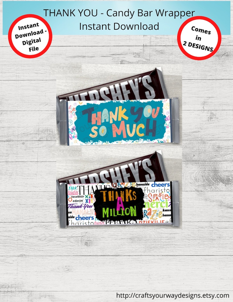 PRINTABLE THANK YOU Candy Bar Wrappers-2 Designs-gift - Etsy