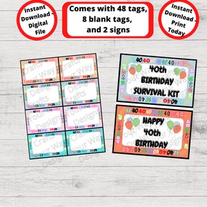 40th BIRTHDAY Survival Kit, 40th Birthday Care Package, Gift Tags, Birthday Gift Ideas, Gift Basket-Printable Instant 40 birthday image 4