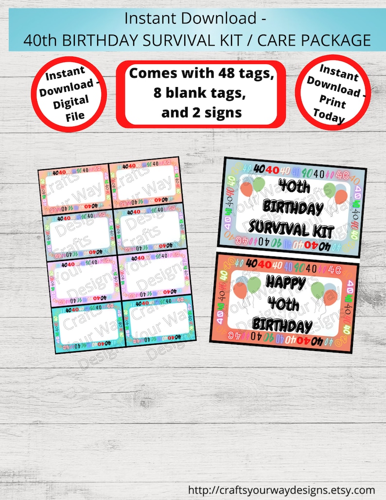 40th BIRTHDAY Survival Kit, 40th Birthday Care Package, Gift Tags, Birthday Gift Ideas, Gift Basket-Printable Instant 40 birthday image 4