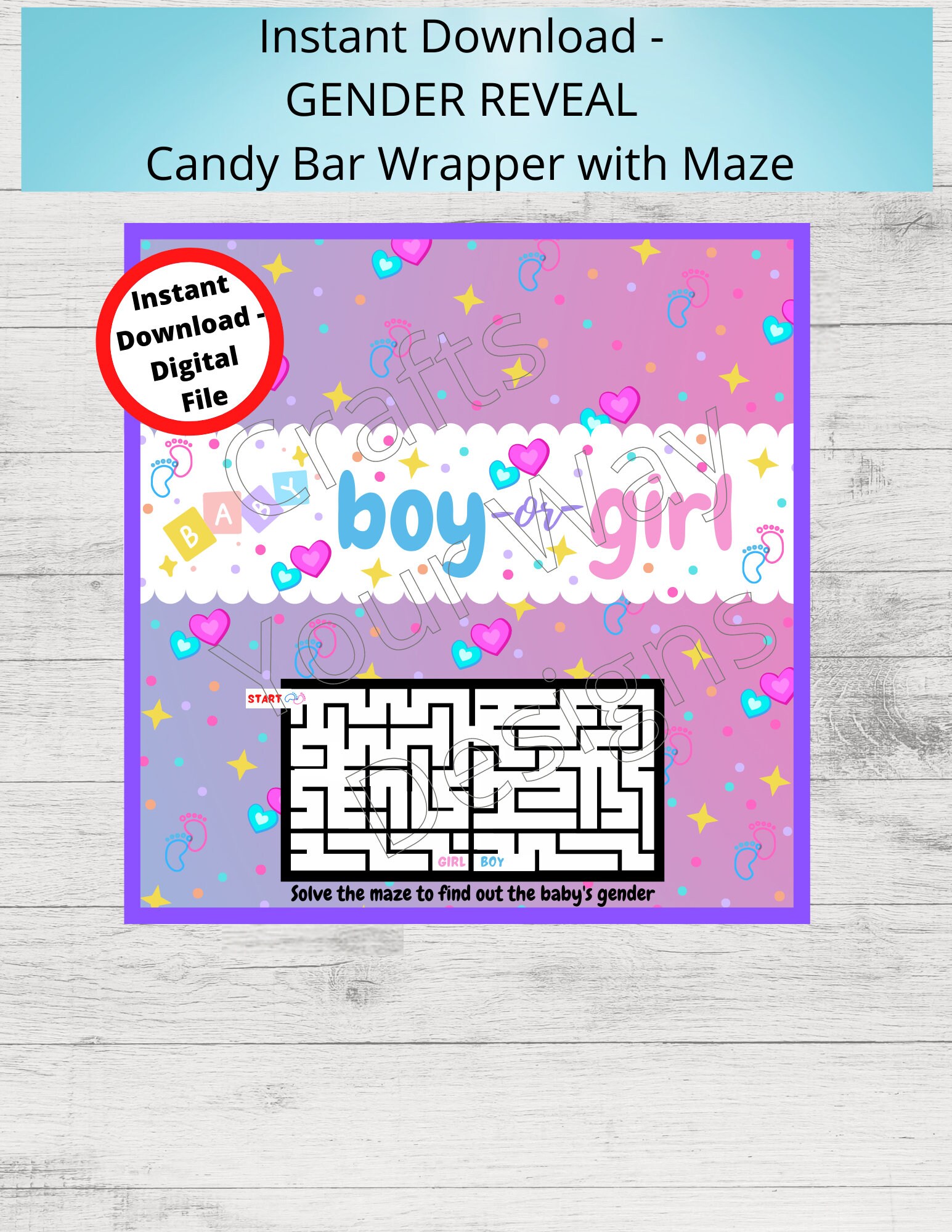 PRINTABLE GENDER REVEAL Candy Bar Wrapper Boy or Girl Solve the Maze to ...