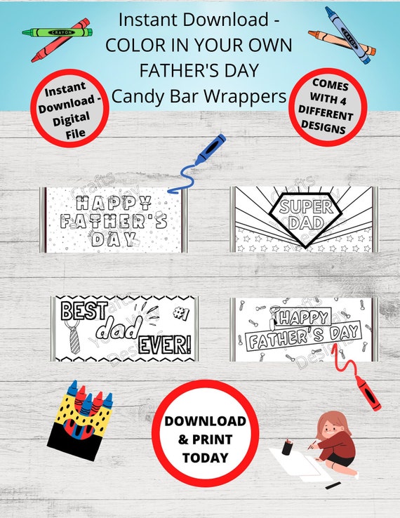 Printable COLORING FATHER'S DAY Candy Bar Wrappers-Gift Ideas-Party Favors-Chocolate Bar Wrapper-4 Designs-Happy Father's Day, Dad Gifts