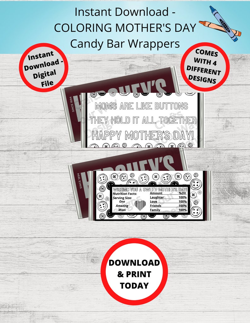 Printable COLORING MOTHER'S DAY Candy Bar Wrappers-gift Ideas-party ...