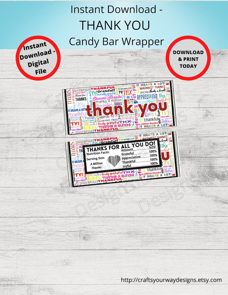 Printable THANK YOU Candy Bar Wrappersgift Ideasparty Favors