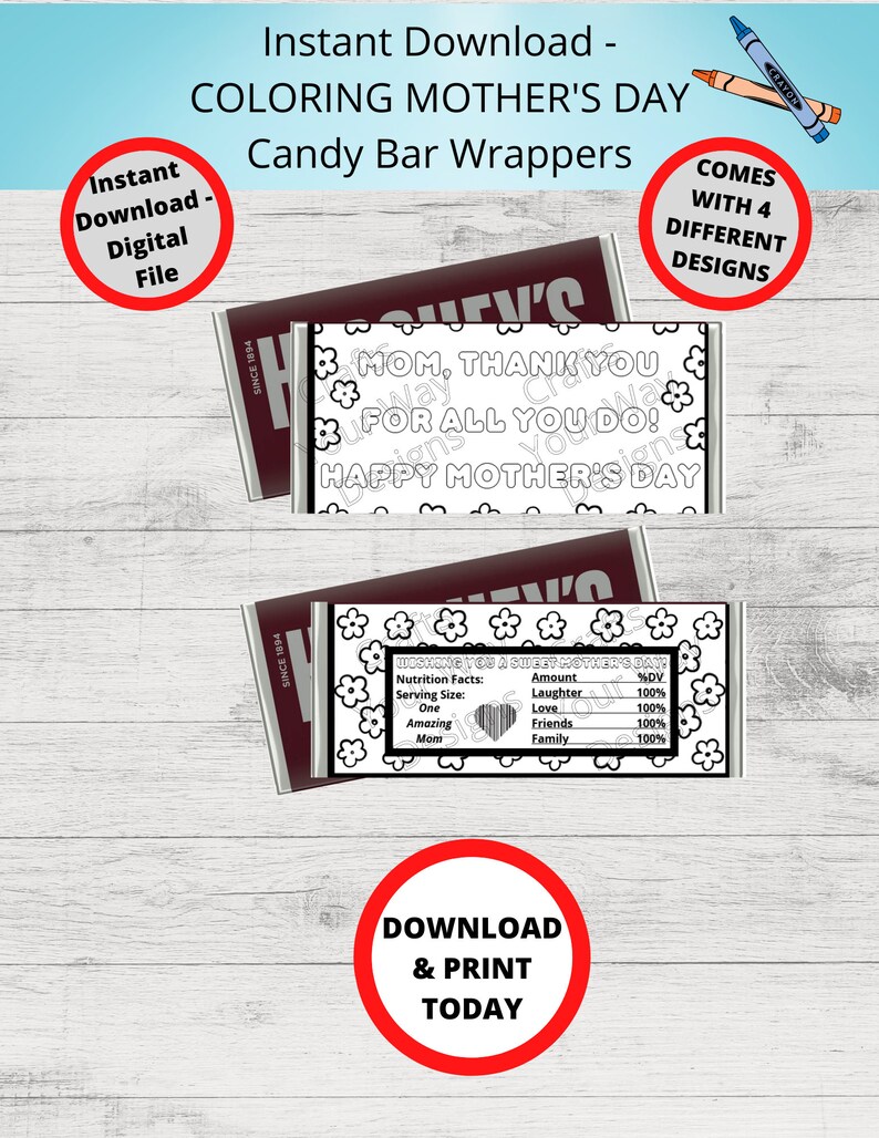 Printable COLORING MOTHER'S DAY Candy Bar Wrappers-gift Ideas-party ...