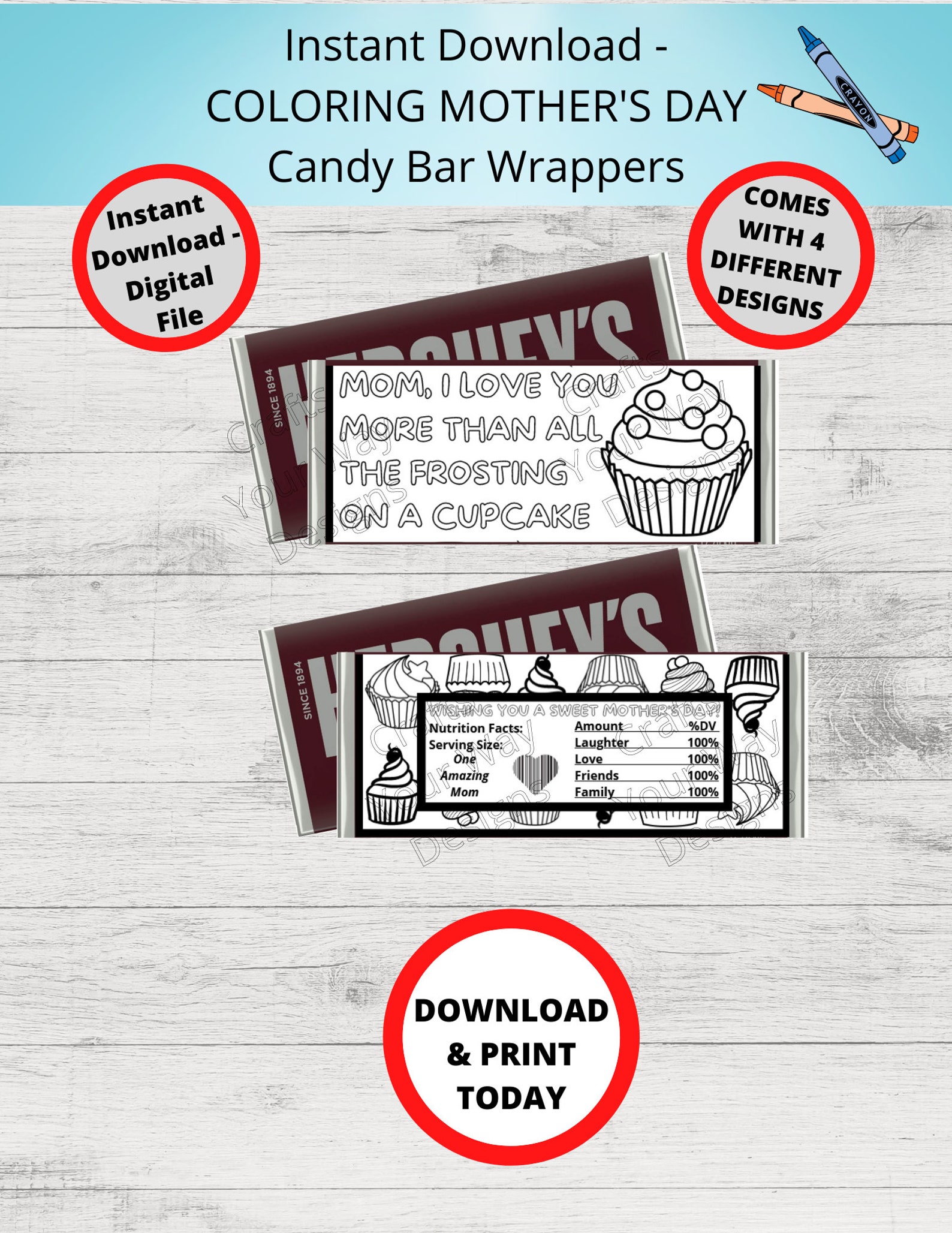 Printable COLORING MOTHER'S DAY Candy Bar Wrappers-gift Ideas-party ...