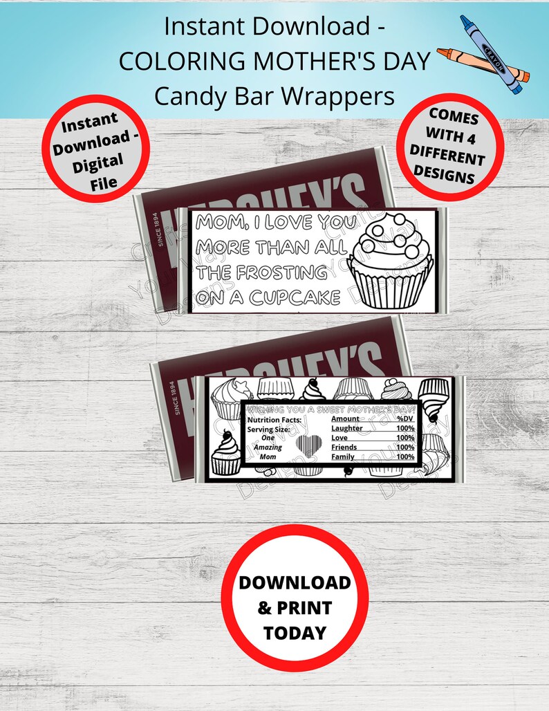 Printable COLORING MOTHER'S DAY Candy Bar Wrappers-gift Ideas-party ...