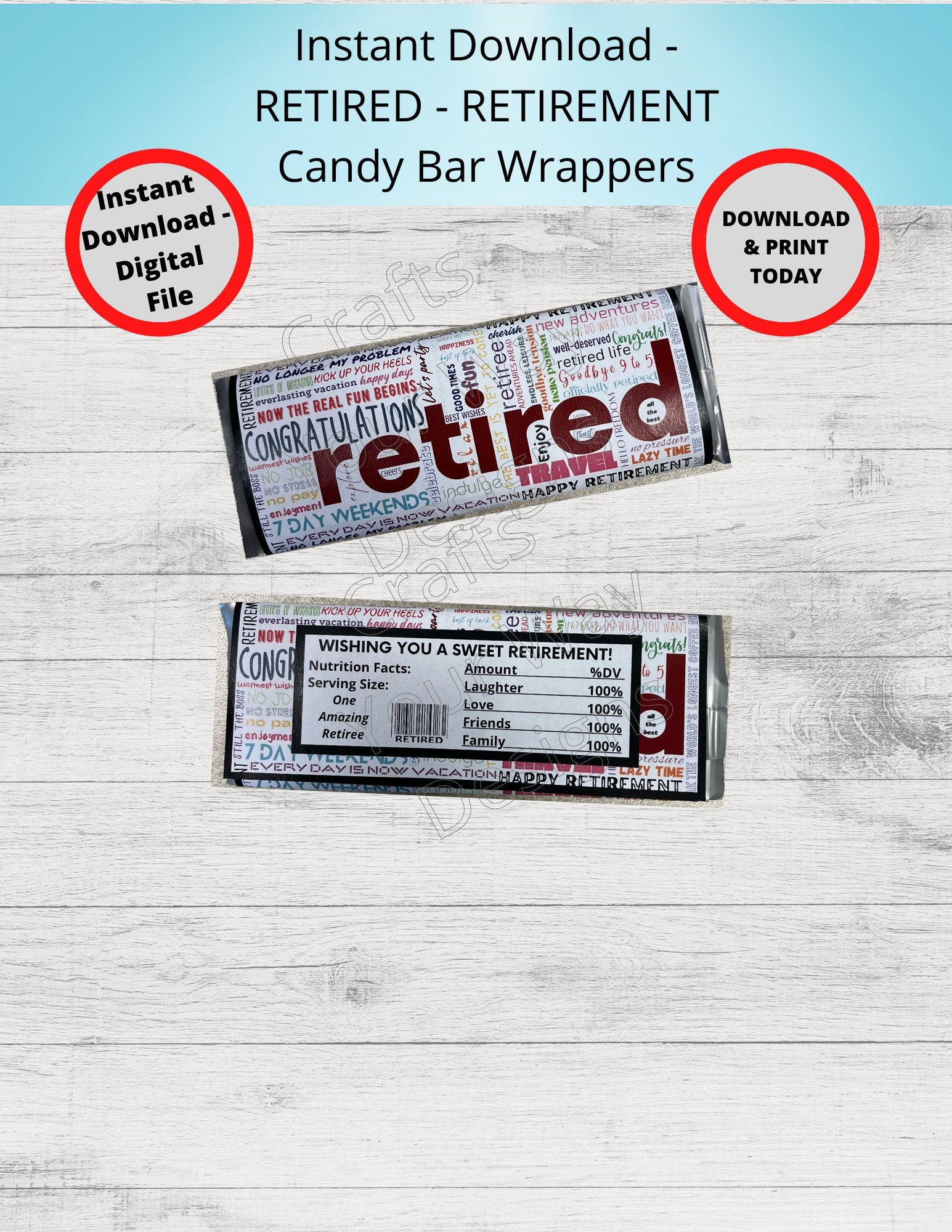 Printable RETIRED Candy Bar Wrappers-Gift Ideas-Party Favors-Chocolate Bar Wrapper-RETIREMENT gifts, party, congrats retiree