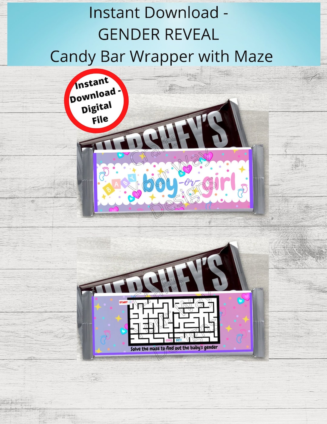 PRINTABLE GENDER REVEAL Candy Bar Wrapper Boy or Girl Solve the Maze to ...